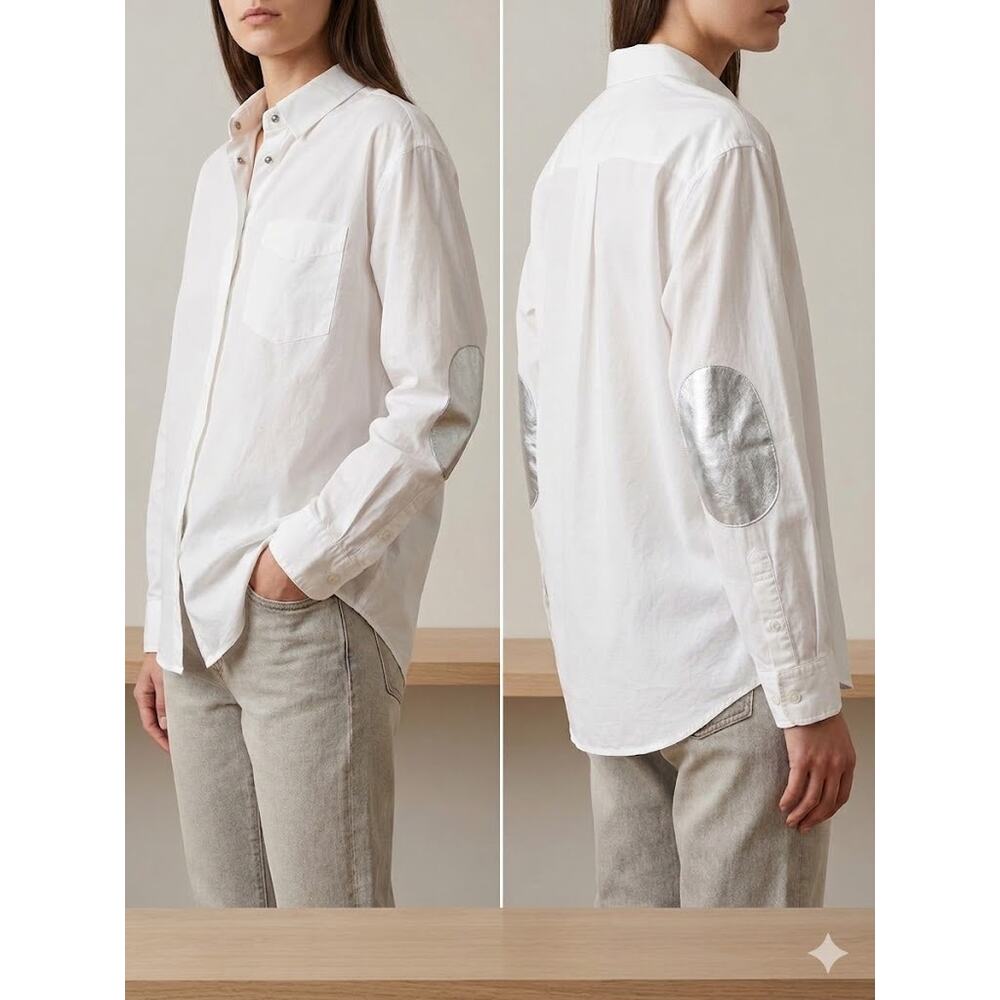 Golden Goose White Shirt Small Silver Elbow Patches Button Front Deluxe Brand